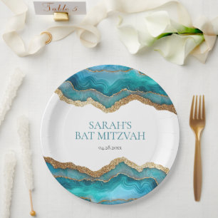 Blue Gold Agate Bat or Bar Mitzvah Paper Plate