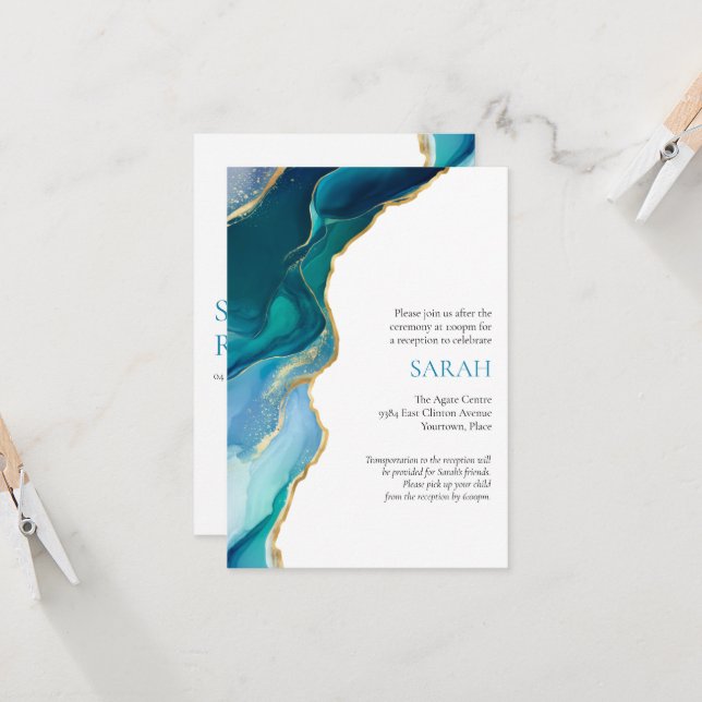 Blue Gold Agate Bat or Bar Reception Insert Invitation (Front/Back In Situ)