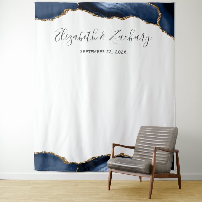 Blue Gold Agate Frame Wedding Photo Booth Tapestry (In Situ)