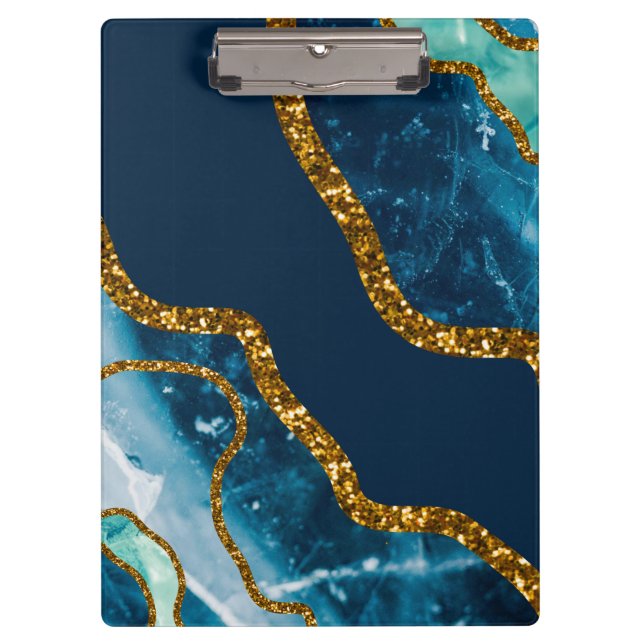 Blue & Gold Agate Geode Glitter Clipboard (Front)