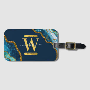 Blue & Gold Agate Geode Glitter Monogram Luggage Tag