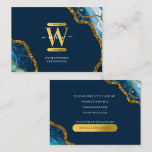 Blue & Gold Agate Geode Glitter Monogram Marble Business Card