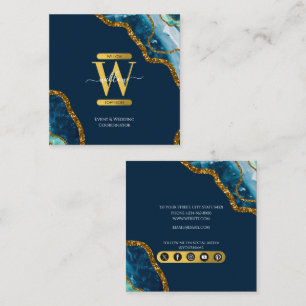 Blue & Gold Agate Geode Glitter Monogram Marble Square Business Card