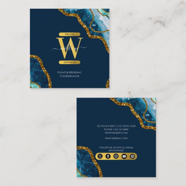 Blue & Gold Agate Geode Glitter Monogram Marble  Square Business Card (Front/Back)