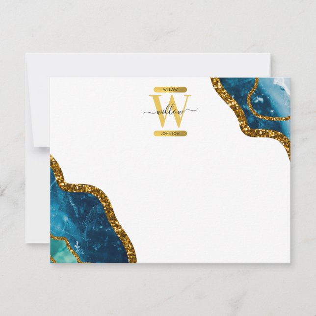 Blue & Gold Agate Geode Glitter Monogram Note Card (Front)