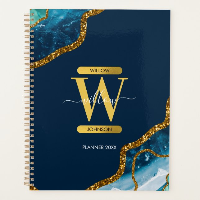 Blue & Gold Agate Geode Glitter Monogram Planner (Front)