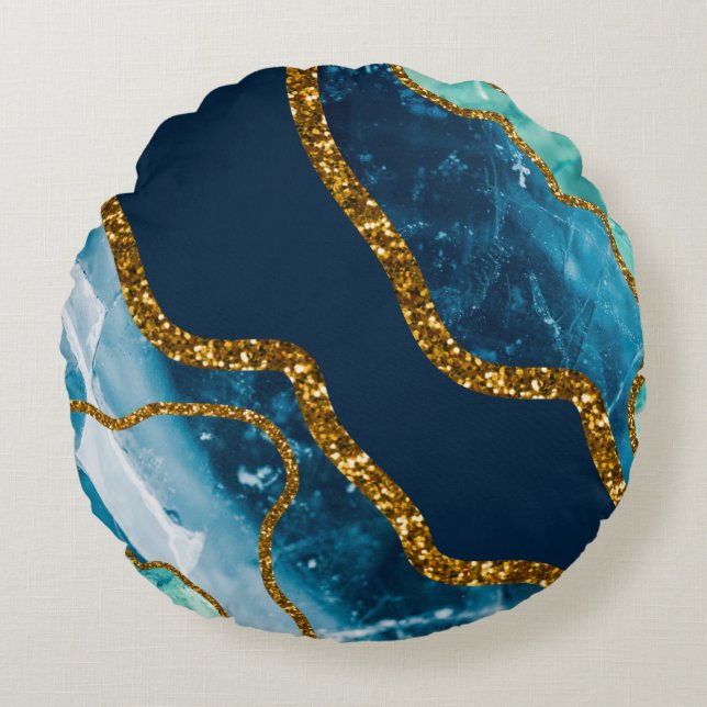 Blue & Gold Agate Geode Glitter Round Cushion (Front)