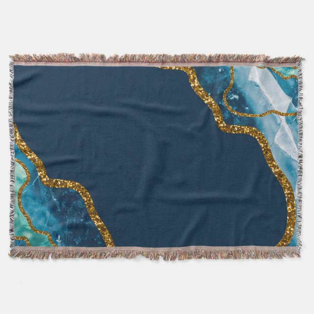 Blue & Gold Agate Geode Glitter Throw Blanket (Front)