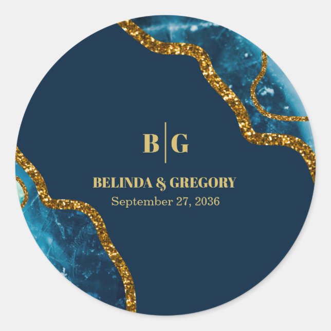 Blue & Gold Agate Geode Glitter Wedding  Classic Round Sticker (Front)