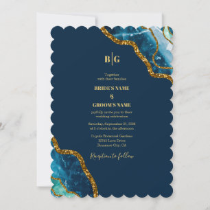 Blue & Gold Agate Geode Glitter Wedding  Invitation