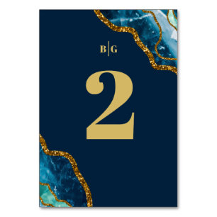 Blue & Gold Agate Geode Glitter Wedding  Table Number