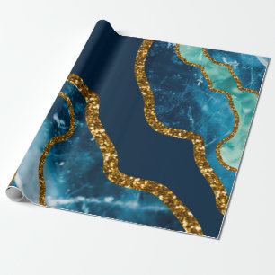 Blue & Gold Agate Geode Glitter  Wrapping Paper