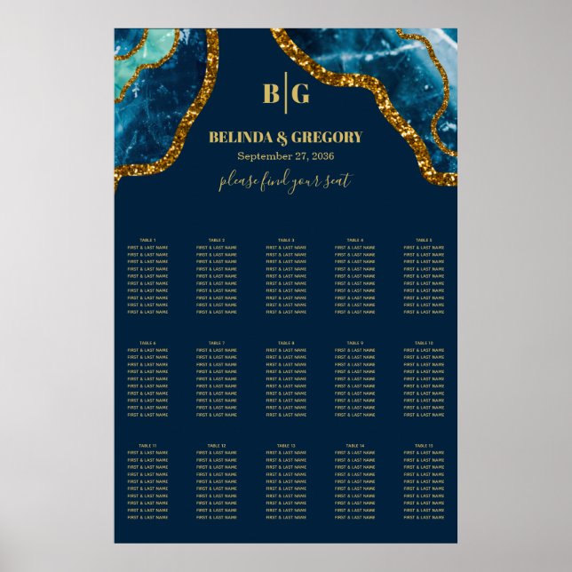 Blue Gold Agate Glitter Wedding Seating Chart (Front)