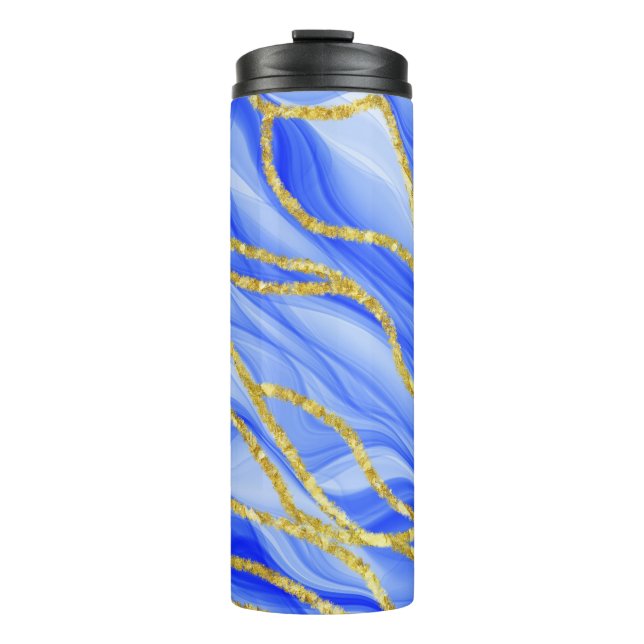 BLUE & GOLD AGATE LOOK WAVE PATTERNS THERMAL TUMBLER (Front)