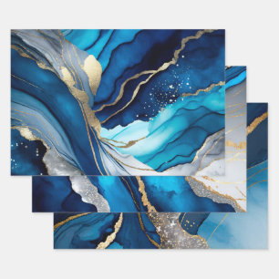 Blue Gold Agate Marble Glitter Abstract Design Wrapping Paper Sheet