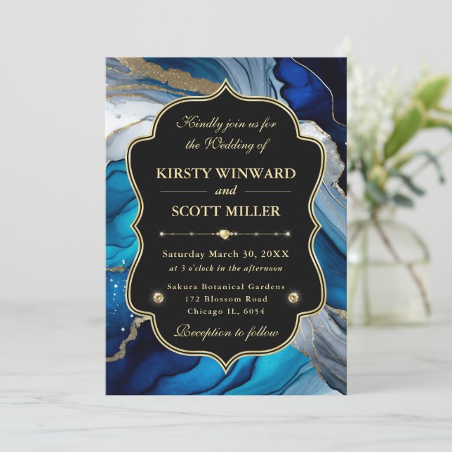 Blue Gold Agate Marble Glitter Wedding Invitation (Standing Front)
