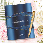 Blue gold agate marble name script 2024 planner<br><div class="desc">Blue gold agate,  marble stone print as background Personalize and add your name. The name is written with a modern hand lettered style script.</div>