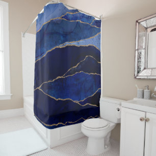 Blue & Gold Agate Modern Glam Minimal Shower Curtain