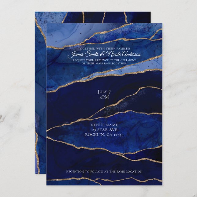 Blue & Gold Agate Modern Glam Minimal Wedding  Invitation (Front/Back)