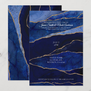 Blue & Gold Agate Modern Glam Minimal Wedding  Invitation