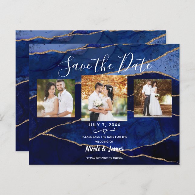 Blue & Gold Agate Modern Wedding Save the Date  (Front/Back)