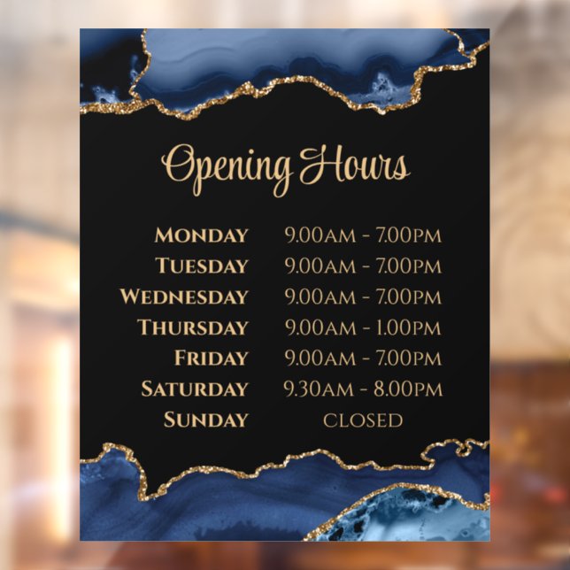 Blue Gold Agate Opening Hours Window Cling (Sheet 2)