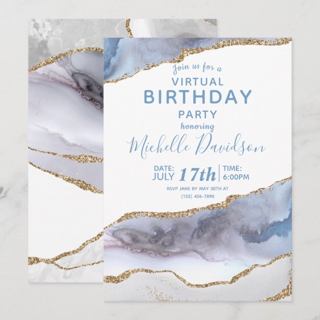 Blue & Gold Agate Virtual Birthday  Invitation (Front/Back)