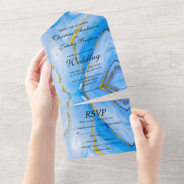 Blue Gold Agate Wedding All In One Invitation (Tearaway)
