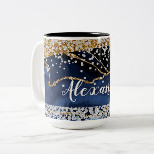 Blue Gold Agate with Gold & Diamond Accents  Two-Tone Coffee Mug