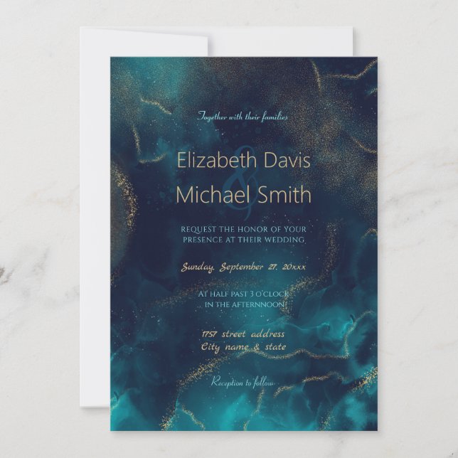 Blue Gold Alcohol Ink Art Deep Blue Sea Invitation (Front)