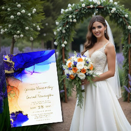 Blue Gold Alcohol Ink Wedding Invitation