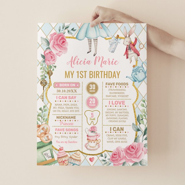 Blue Gold Alice in Wonderland Birthday Milestone Poster (Creator Uploaded)