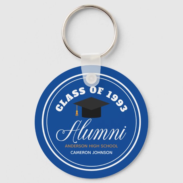Blue Gold Alumni School Reunion Personalised Key Ring (Front)