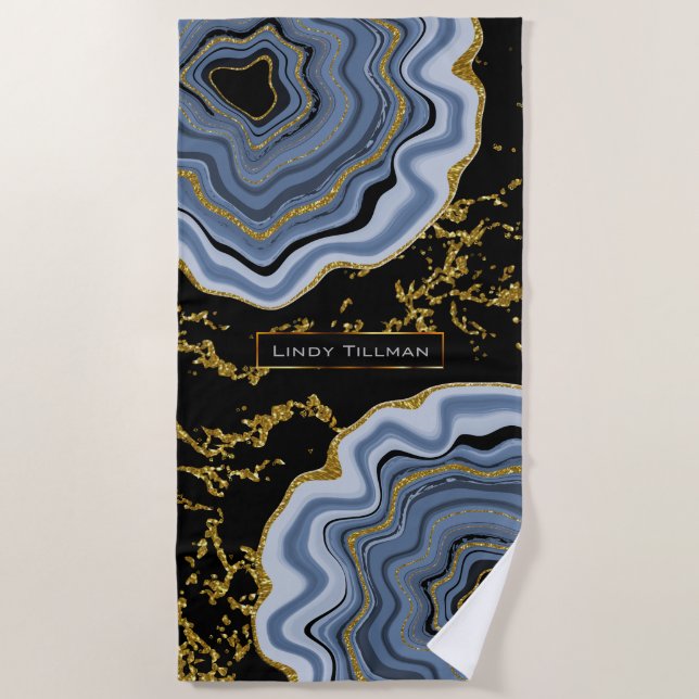 Blue, Gold and Black Agate Geode Stone Design Beach Towel (Front)