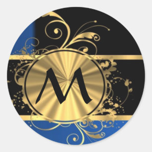 Blue gold and black monogram classic round sticker