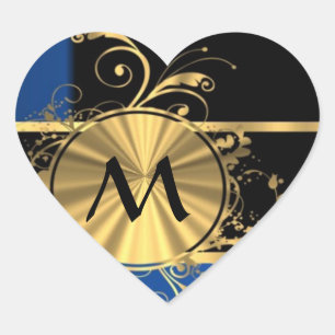 Blue gold and black monogram heart sticker