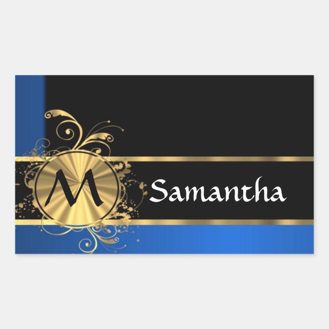 Blue gold and black monogram rectangular sticker (Front)