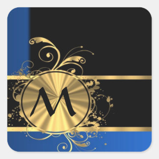 Blue gold and black monogram square sticker