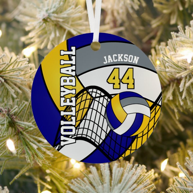Blue, Gold and Grey Personalise Volleyball   Metal Tree Decoration (Insitu)