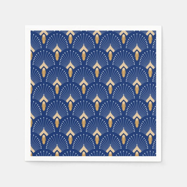 Blue, Gold and White Art Deco Fan Flowers Motif  Napkin (Front)