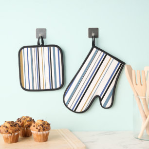 Blue Gold and White Beach Colour Stripes Oven Mitt & Pot Holder Set