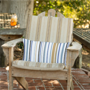 Blue gold and white Beach Stripes Coastal Lumbar Cushion