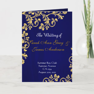 Blue gold and white brocade wedding program card