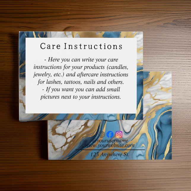 Blue gold and white marble Care Instruction Card (Creator Uploaded)