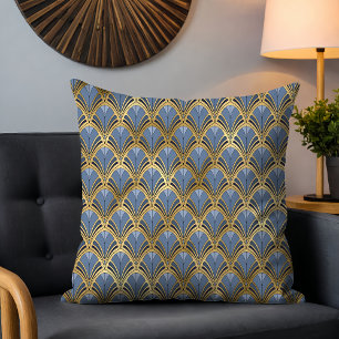 Blue Gold Art Deco Fan Pattern Cushion