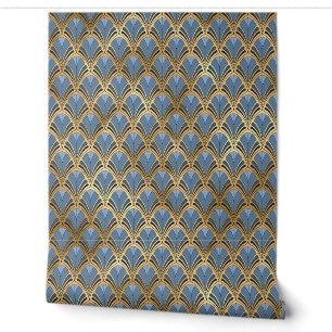 Blue Gold Art Deco Geometric Pattern Wallpaper