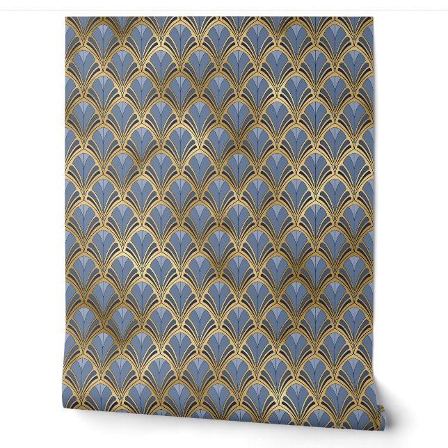 Blue Gold Art Deco Geometric Pattern Wallpaper (Unrolling)