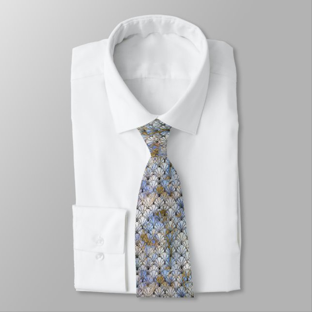 BLUE GOLD ART DECO PRINT TIE (Tied)