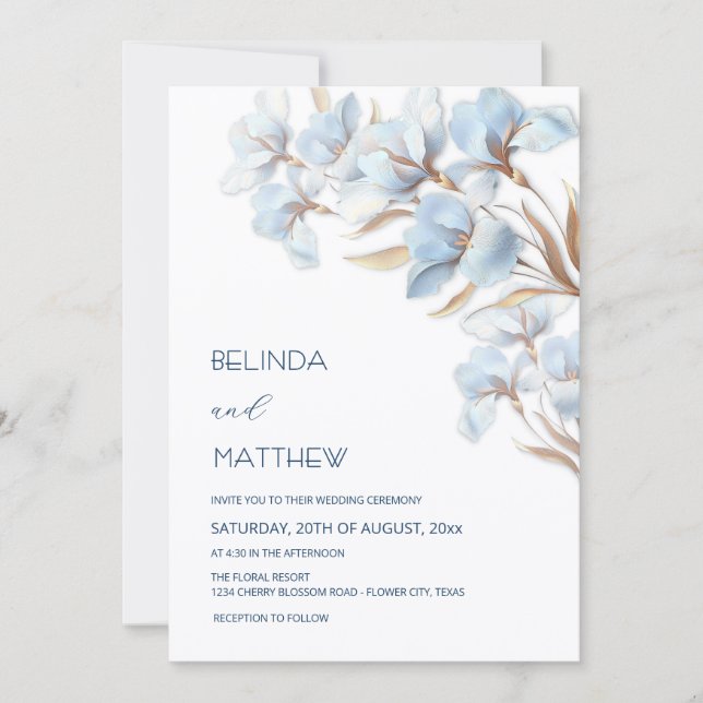 Blue Gold Artistic Flowers  Invitation (Front)