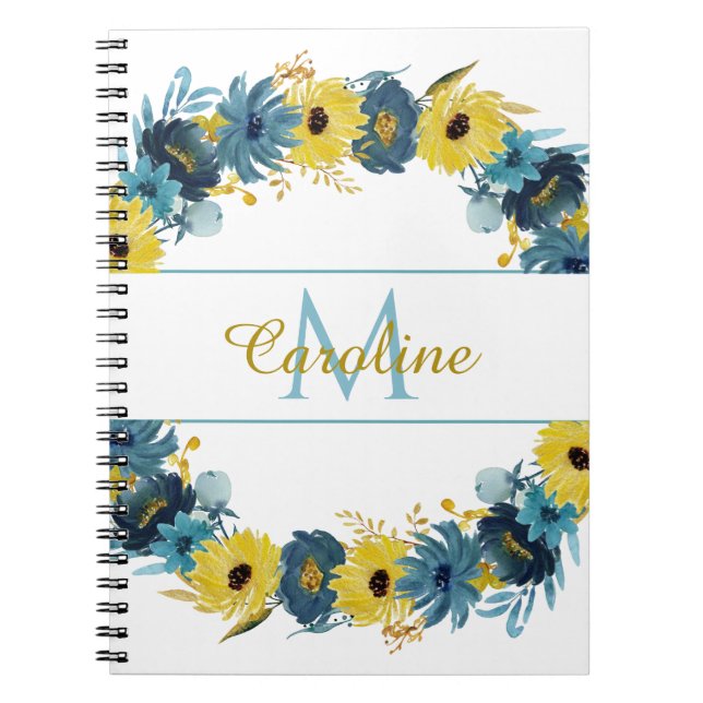 Blue Gold Autumn Floral Wreath Monogram Notebook (Front)